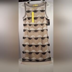 Catherine Malandrino Beige and Black Scallop Lace Midi Dress